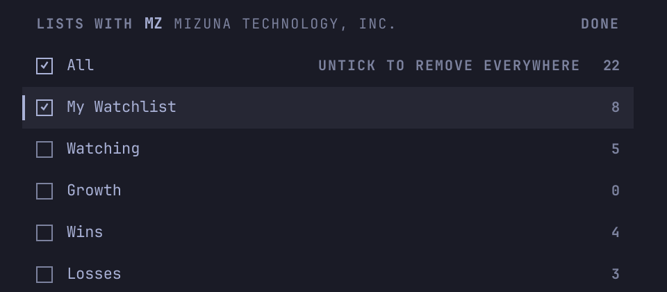 The lists one symbol is in: All and My Watchlist ticked, the others not, and beside All, Untick to remove everywhere